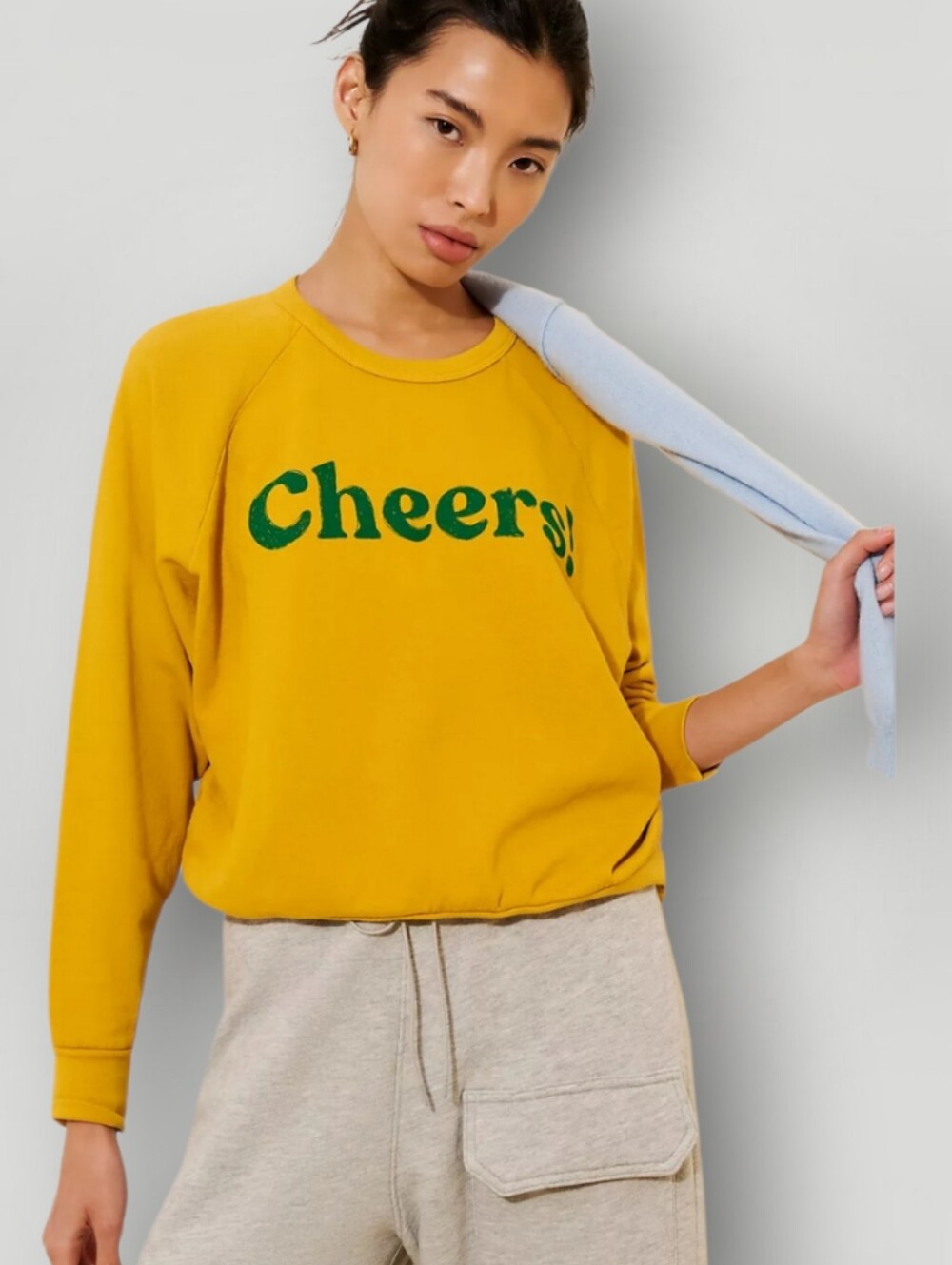 LETLUV Cheers Graphic Crewneck Large Sweatshirt Mustard Gold Retro Cozy Made USA